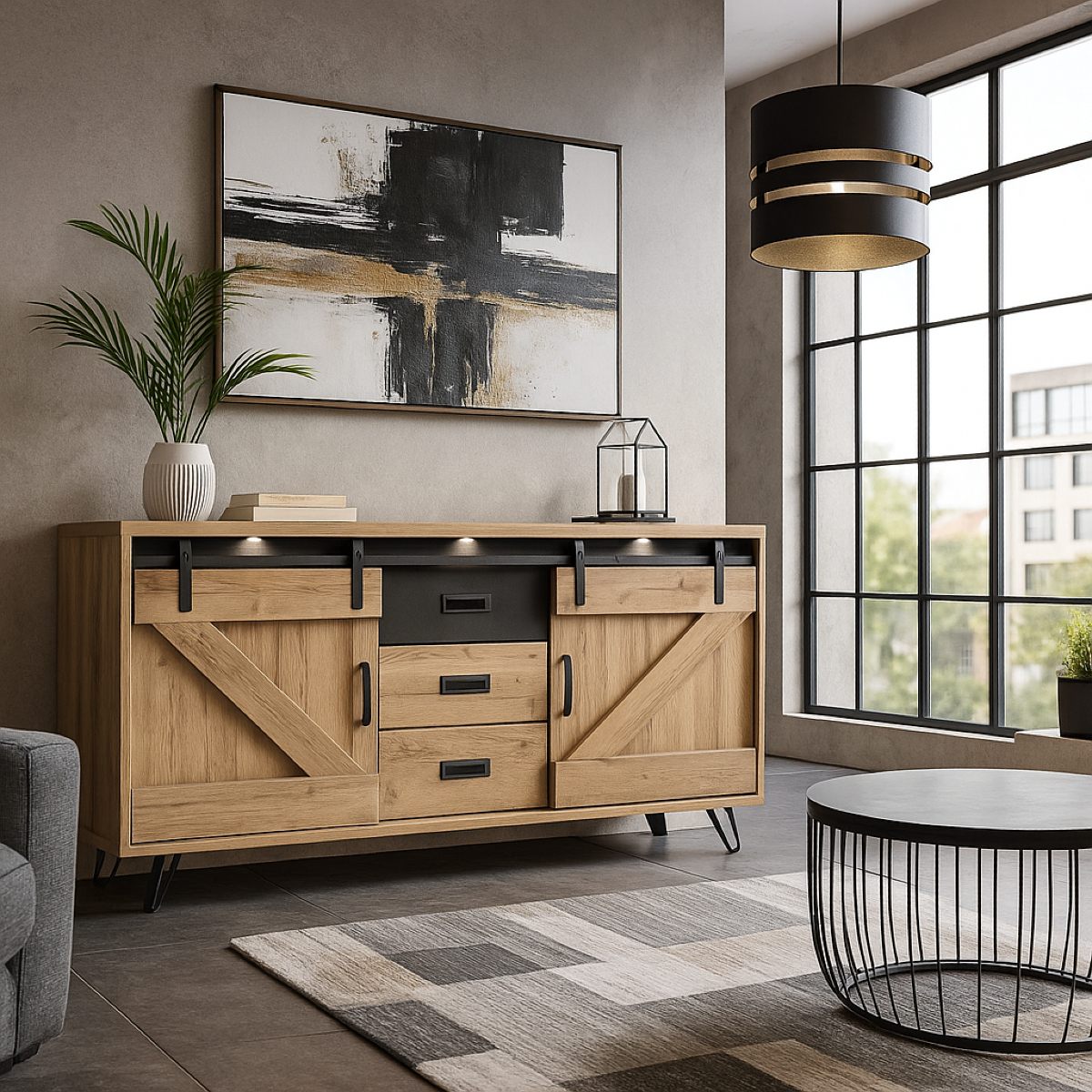 Buffet industriel décor chêne clair 3 portes avec LED COSTA