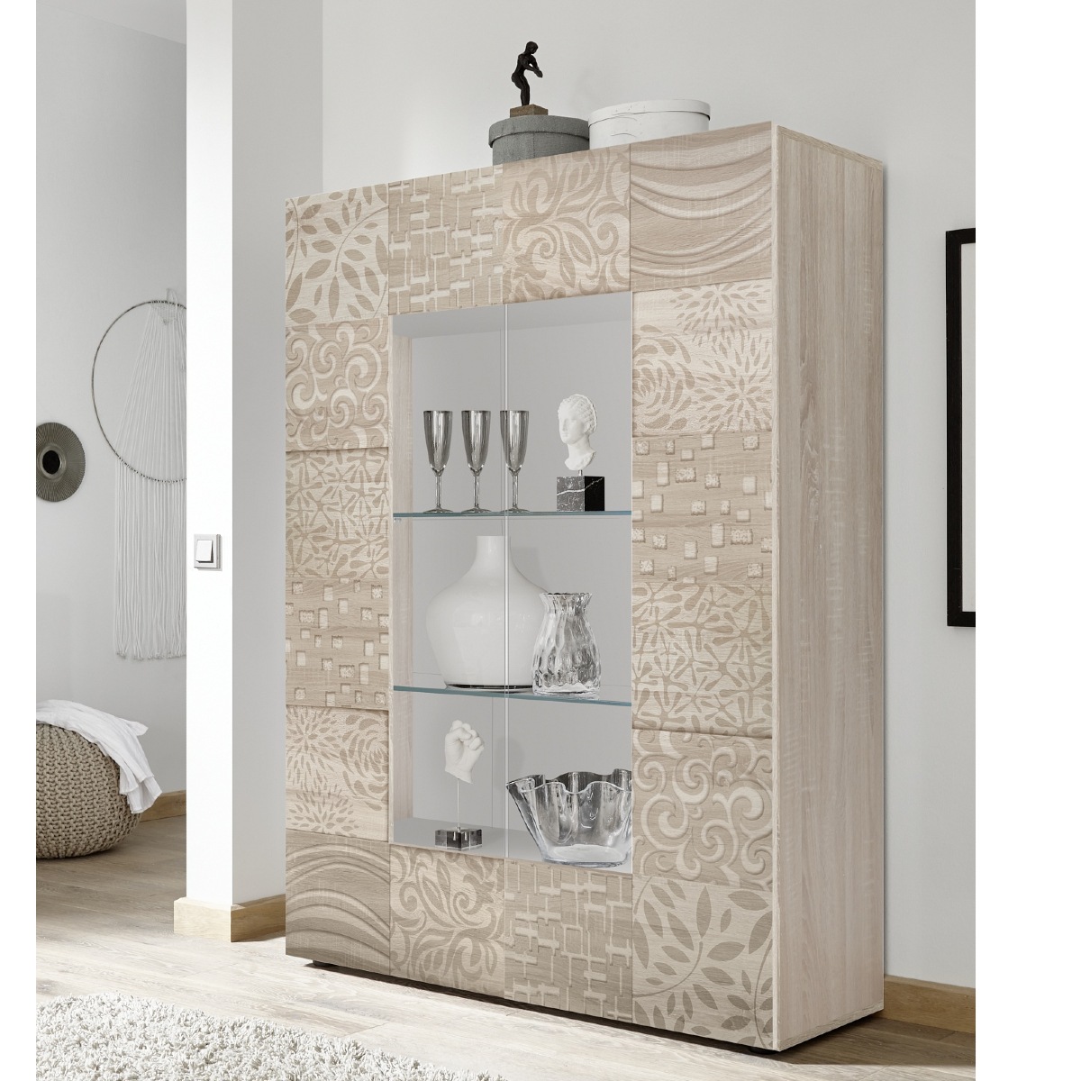 Vitrine moderne coloris chêne clair 2 portes vitrées SARA