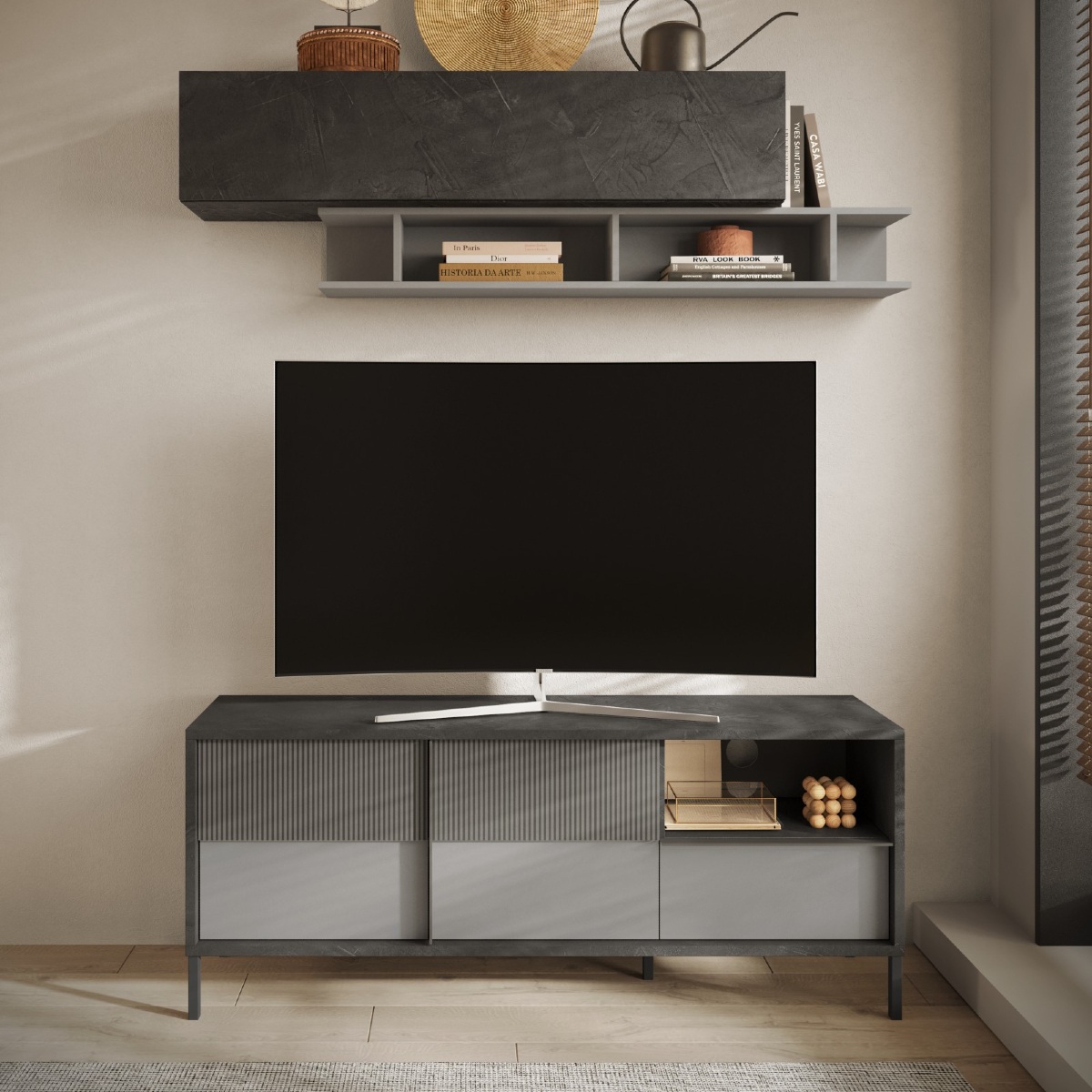 Meuble TV moderne gris béton 160cm EZE