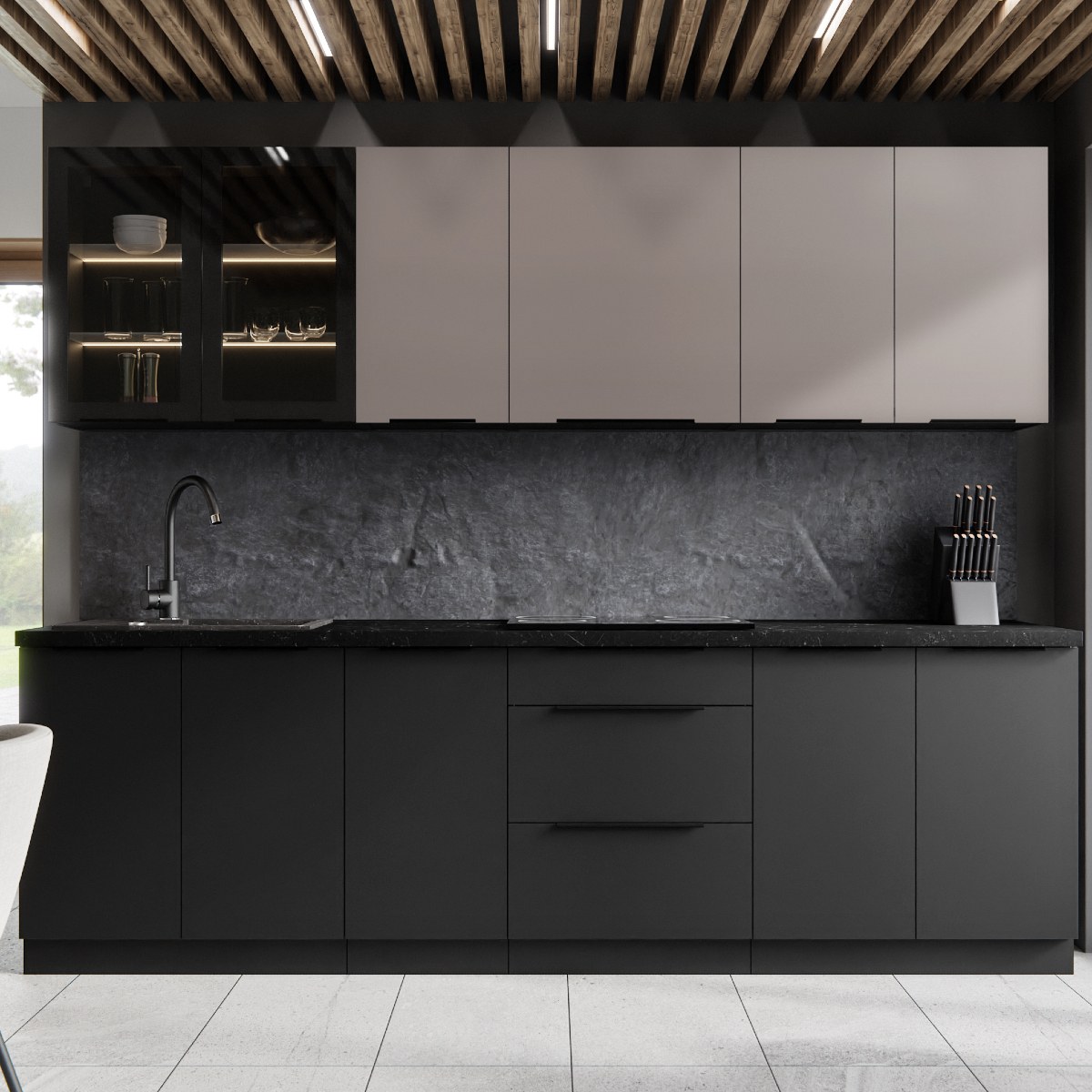 Cuisine complète moderne noir et beige 260cm MAO