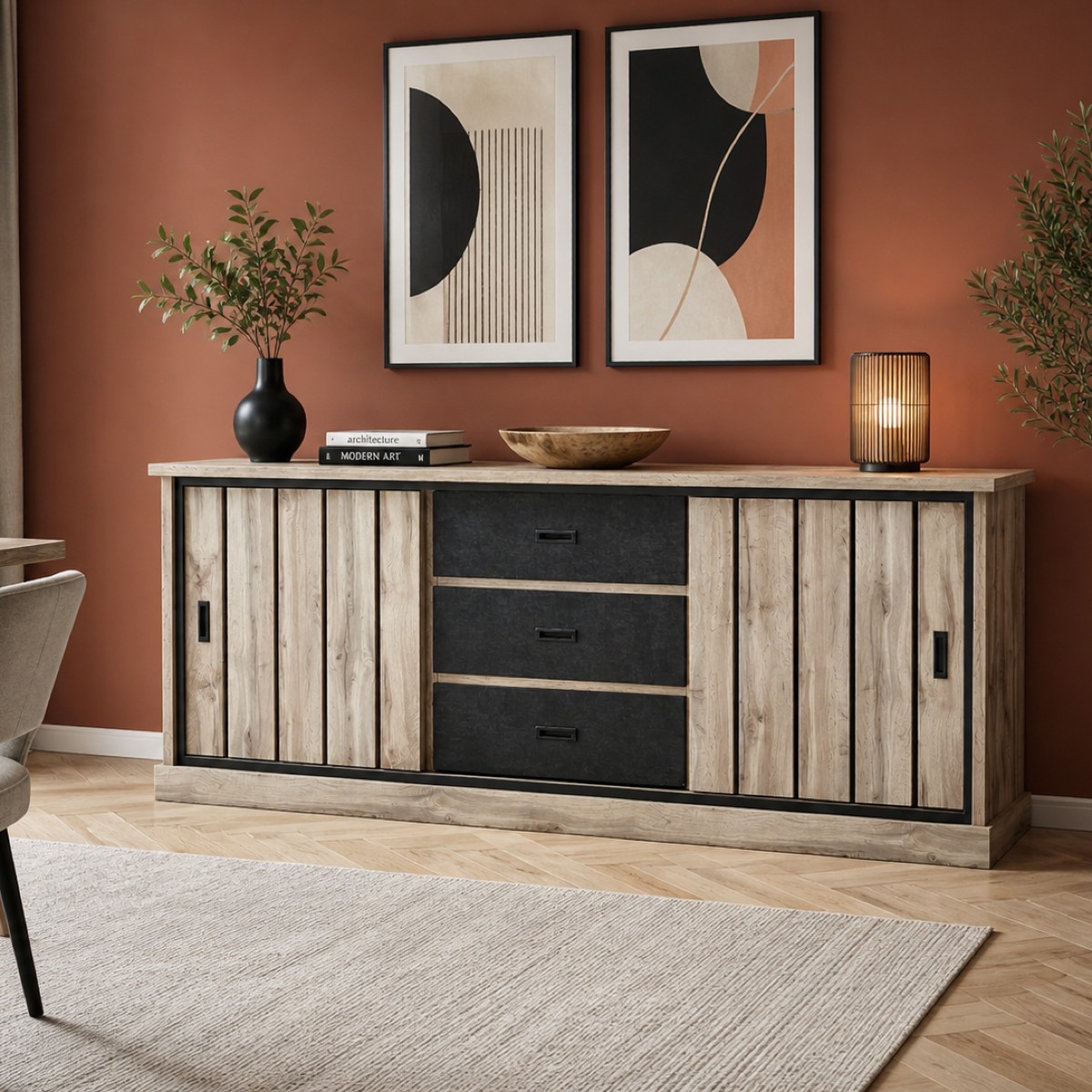 Buffet bois contemporain avec tiroirs noirs sur mur terracotta