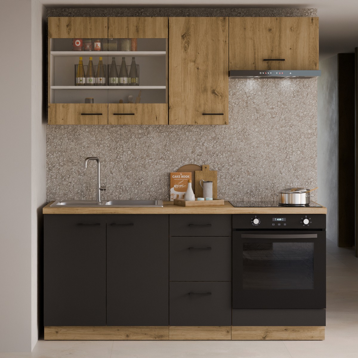 Cuisine complète moderne noir et bois 180cm ODESSA