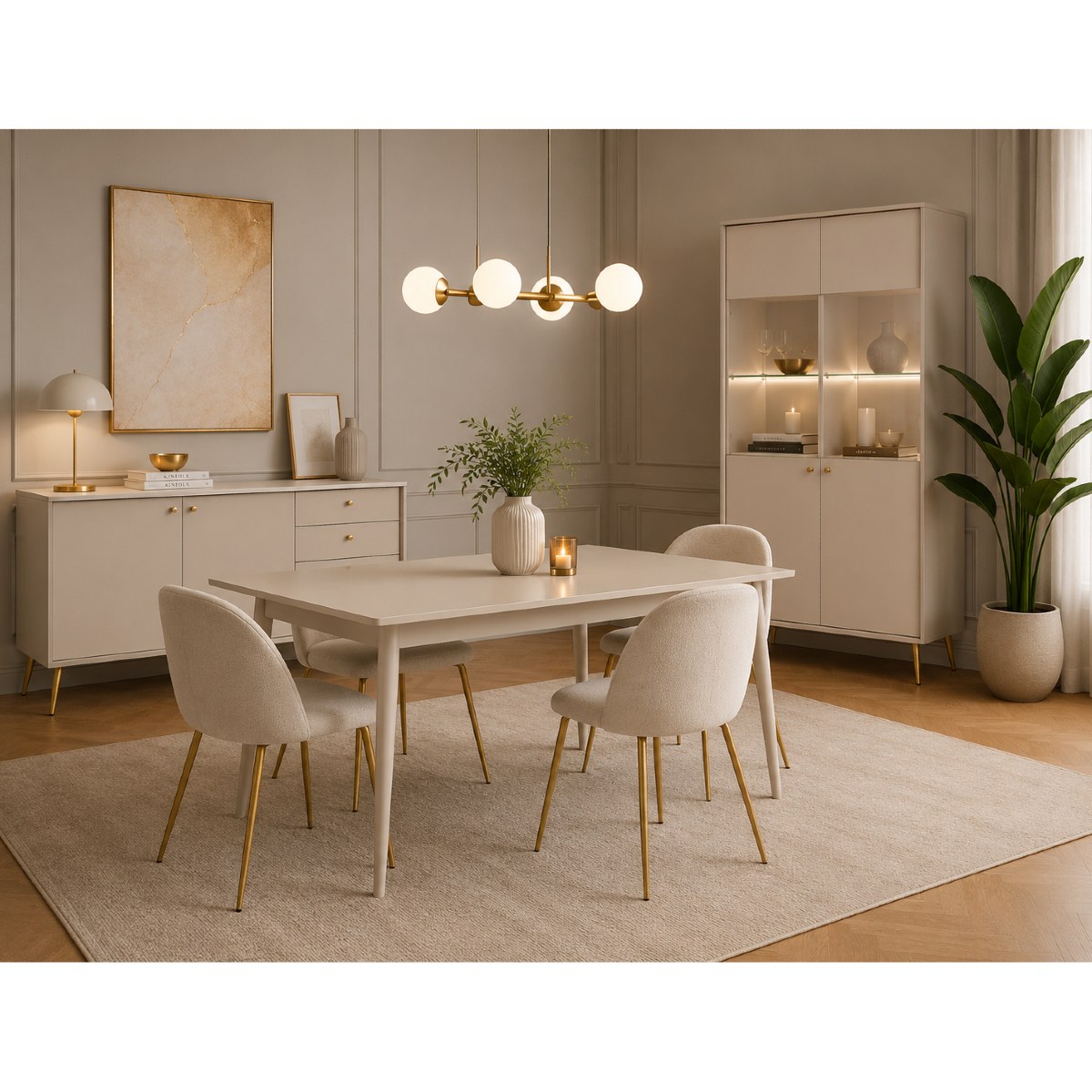 Salle à manger complète beige cachemire avec buffet vitrine et table moderne