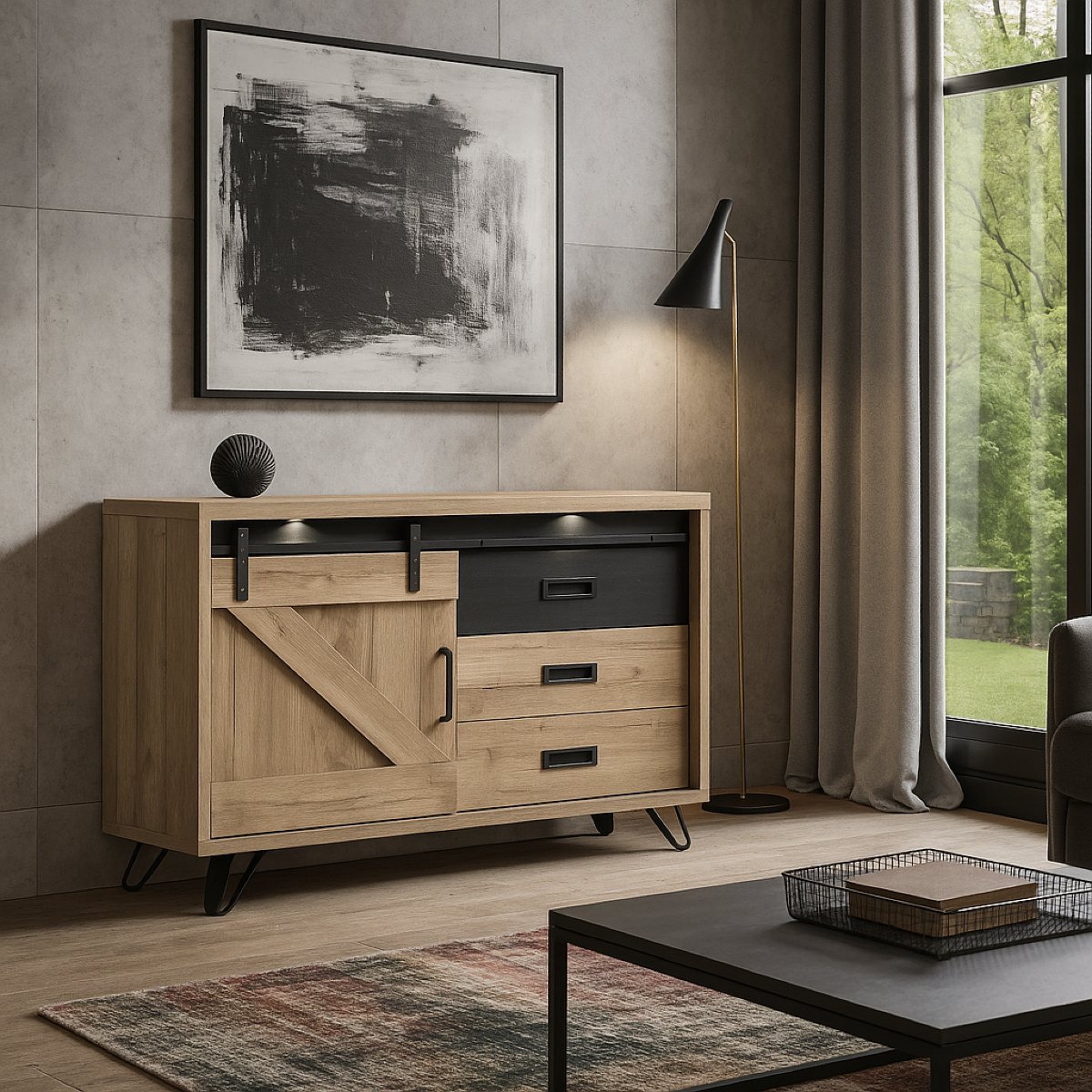 Buffet industriel décor chêne clair 2 portes avec LED COSTA