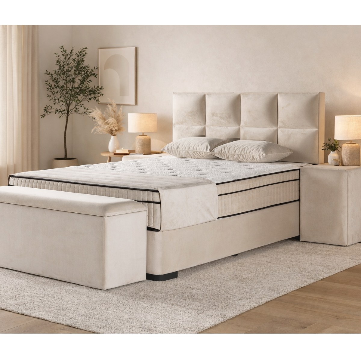 Lit boxspring coffre 140cm en velours + matelas de 30cm LAURA