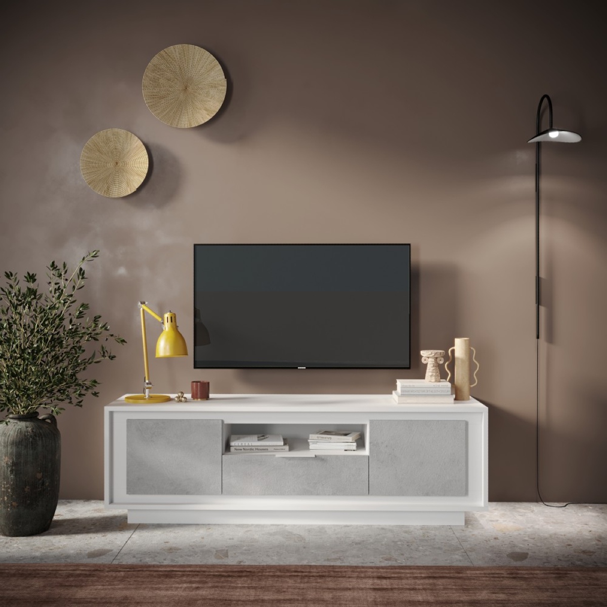 Banc TV moderne 180cm blanc et gris béton YORI