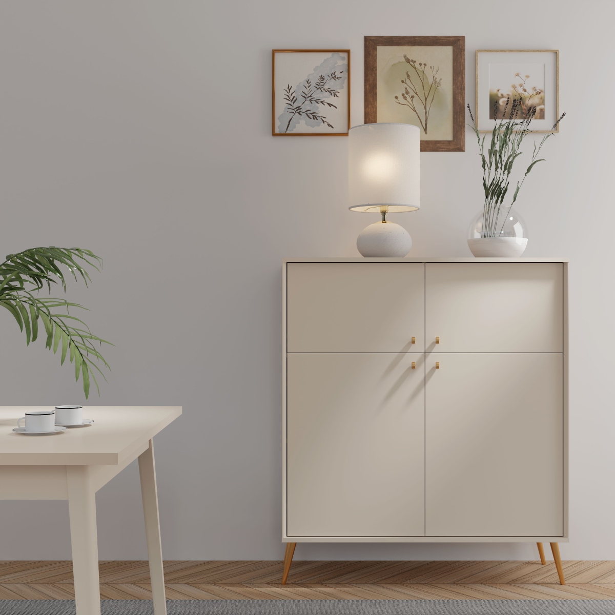 Buffet 4 portes beige cachemire avec pieds dorés design contemporain