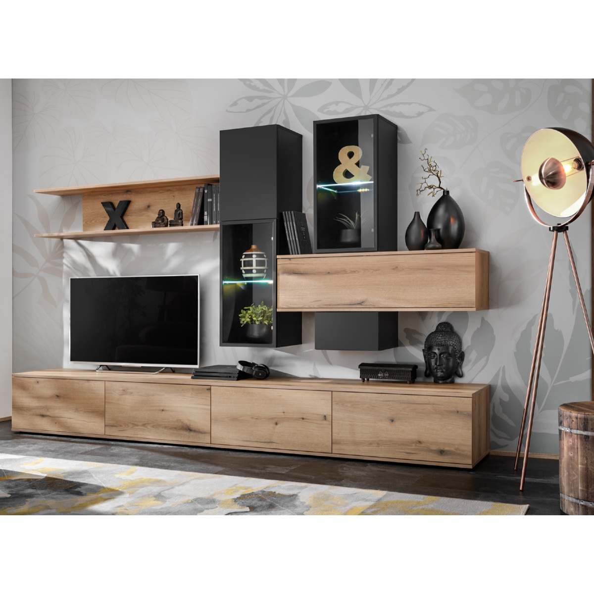Ensemble TV mural moderne en bois avec vitrines URKA