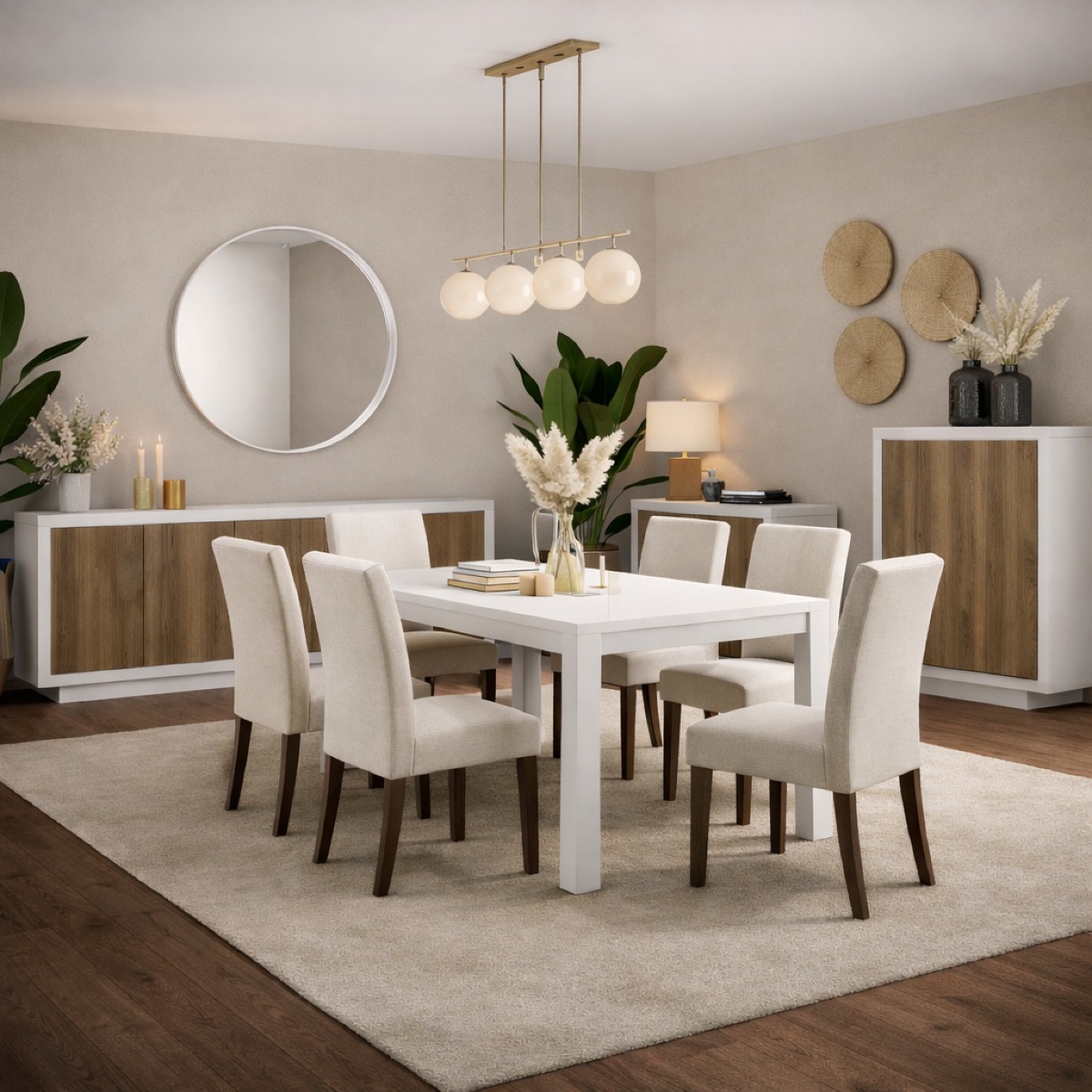 Salle à manger complète contemporaine blanc et noyer YORI