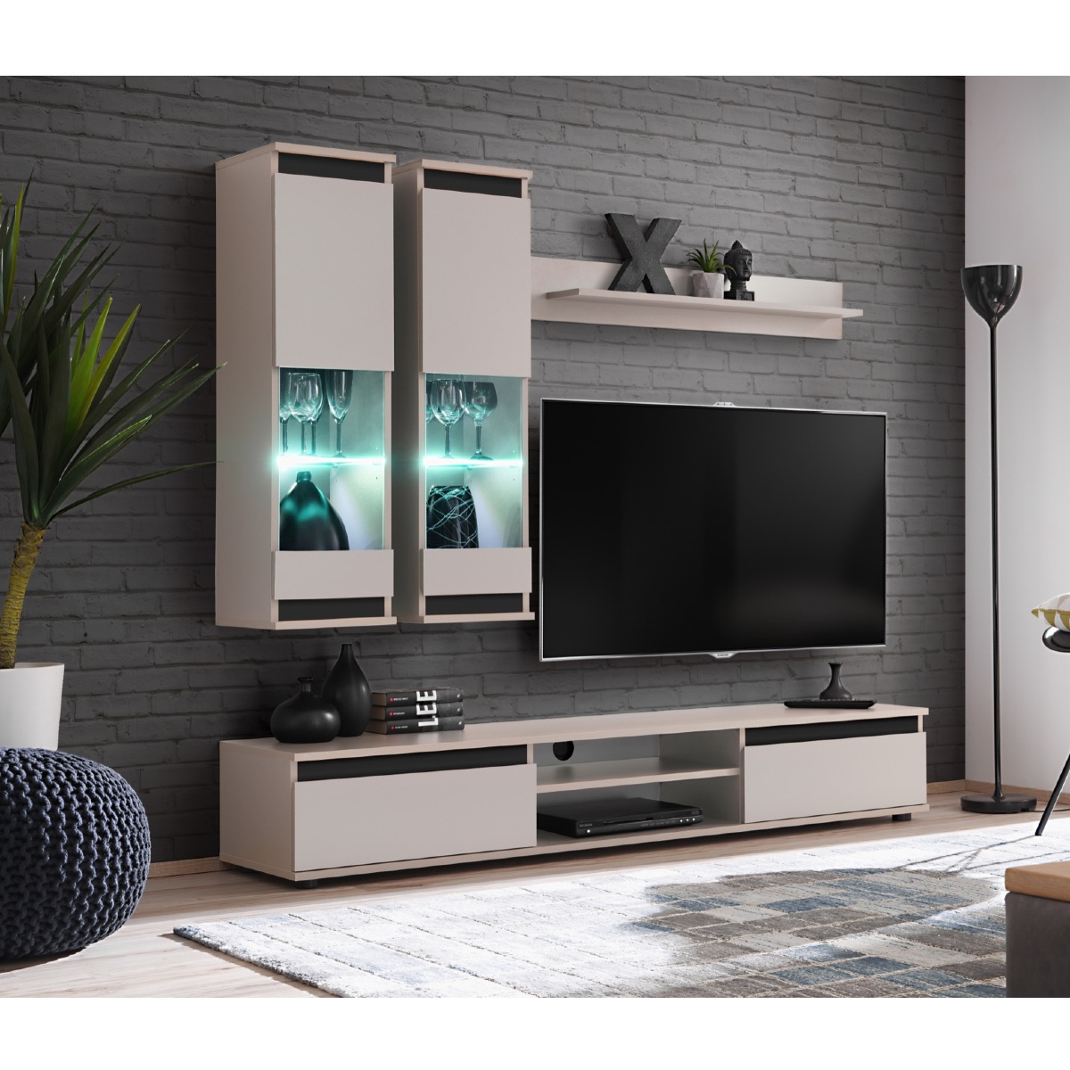 Ensemble TV mural moderne beige et noir avec vitrines OUDINI