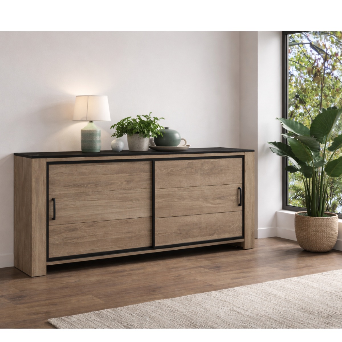 Buffet bas moderne en bois avec portes coulissantes OLIVE