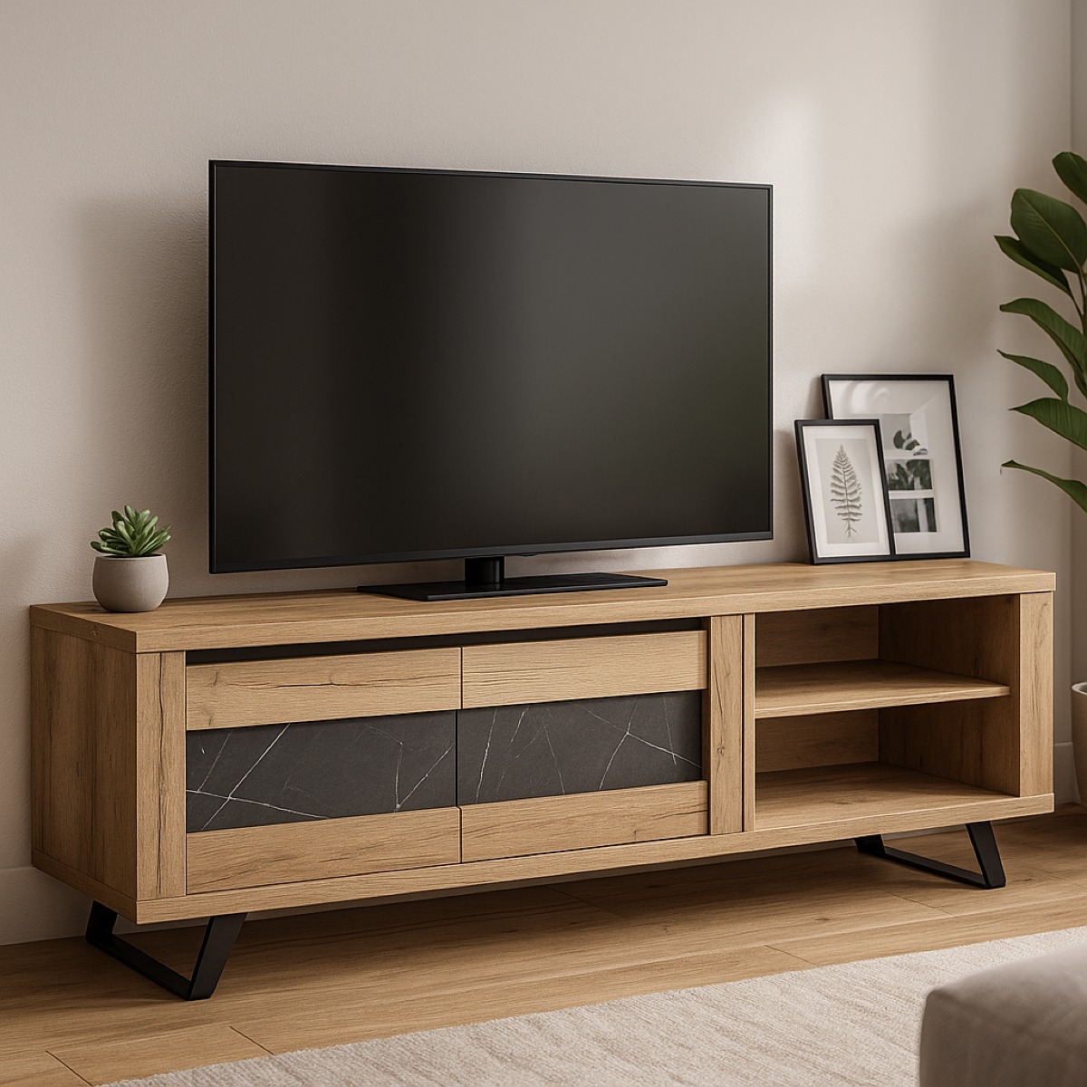 Meuble TV contemporain bois et porte céramique 180cm HORACE