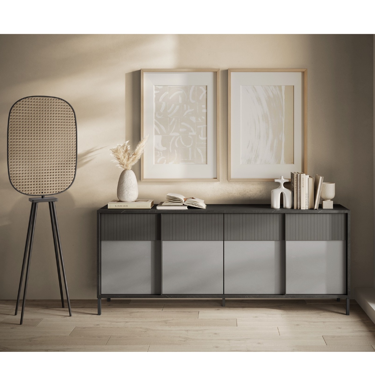 Buffet moderne 4 portes gris béton 210cm EZE