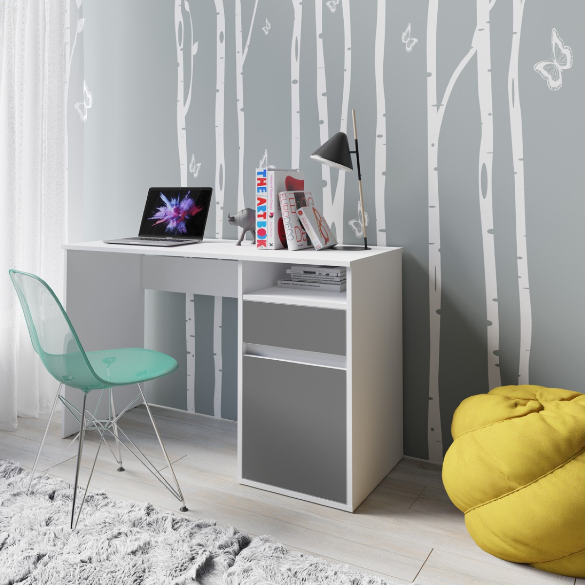 Bureau moderne blanc et gris 120cm avec rangement ALBI