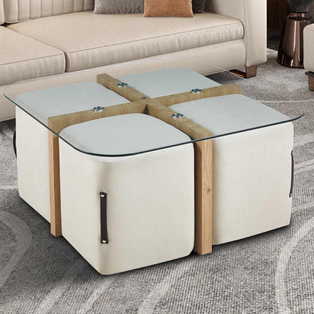 Table basse en bois et en verre avec poufs NASH