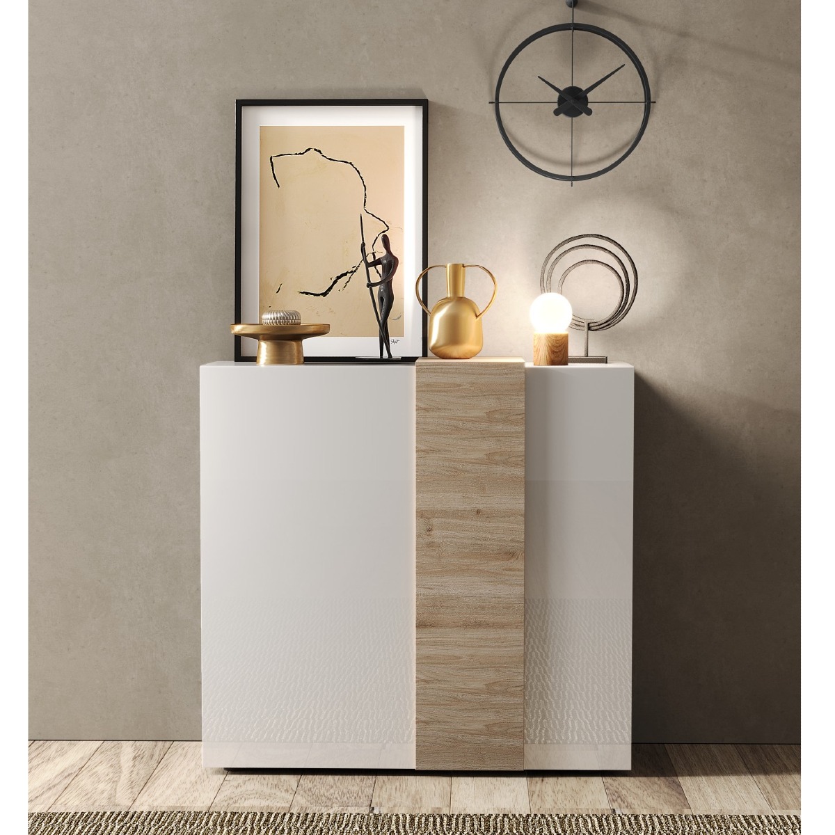 Buffet haut moderne blanc et bois 2 portes SIA