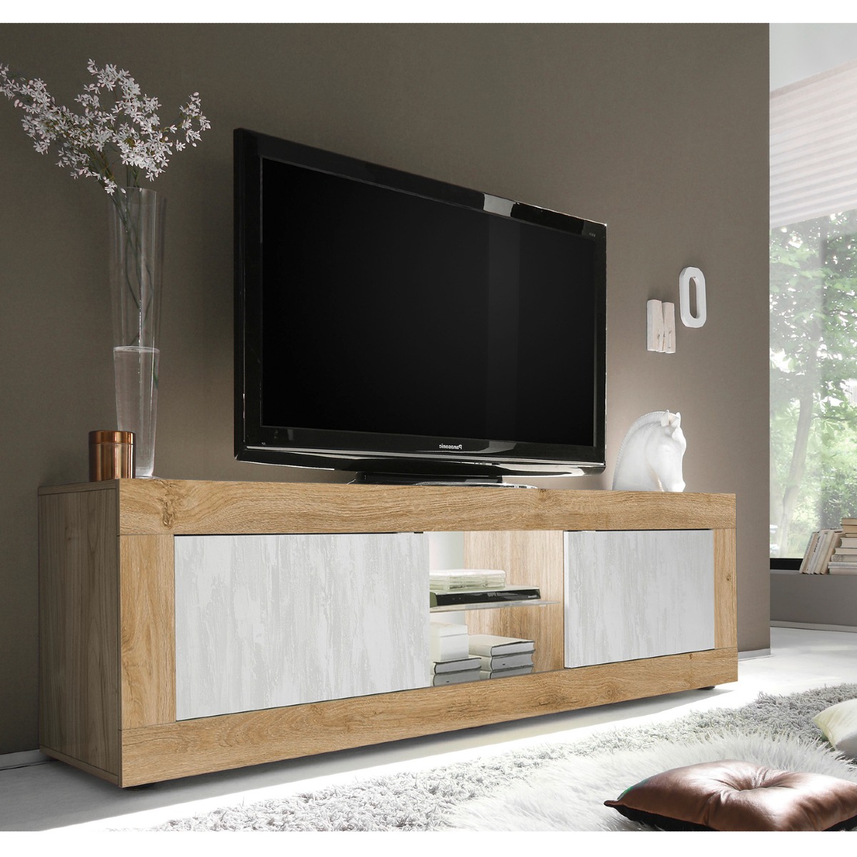 Meuble TV bois et blanc 2 portes - 2 niches 180cm CALIA 2