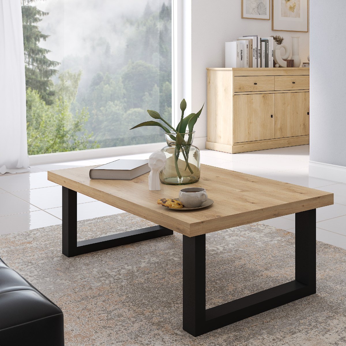 Table basse moderne en bois pied métal 130cm VALENTINE