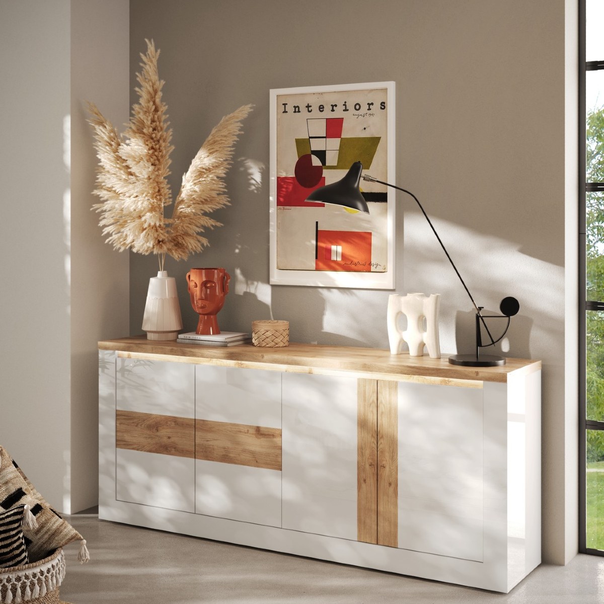 Buffet moderne 4 portes laqué blanc et bois 210cm ARIA