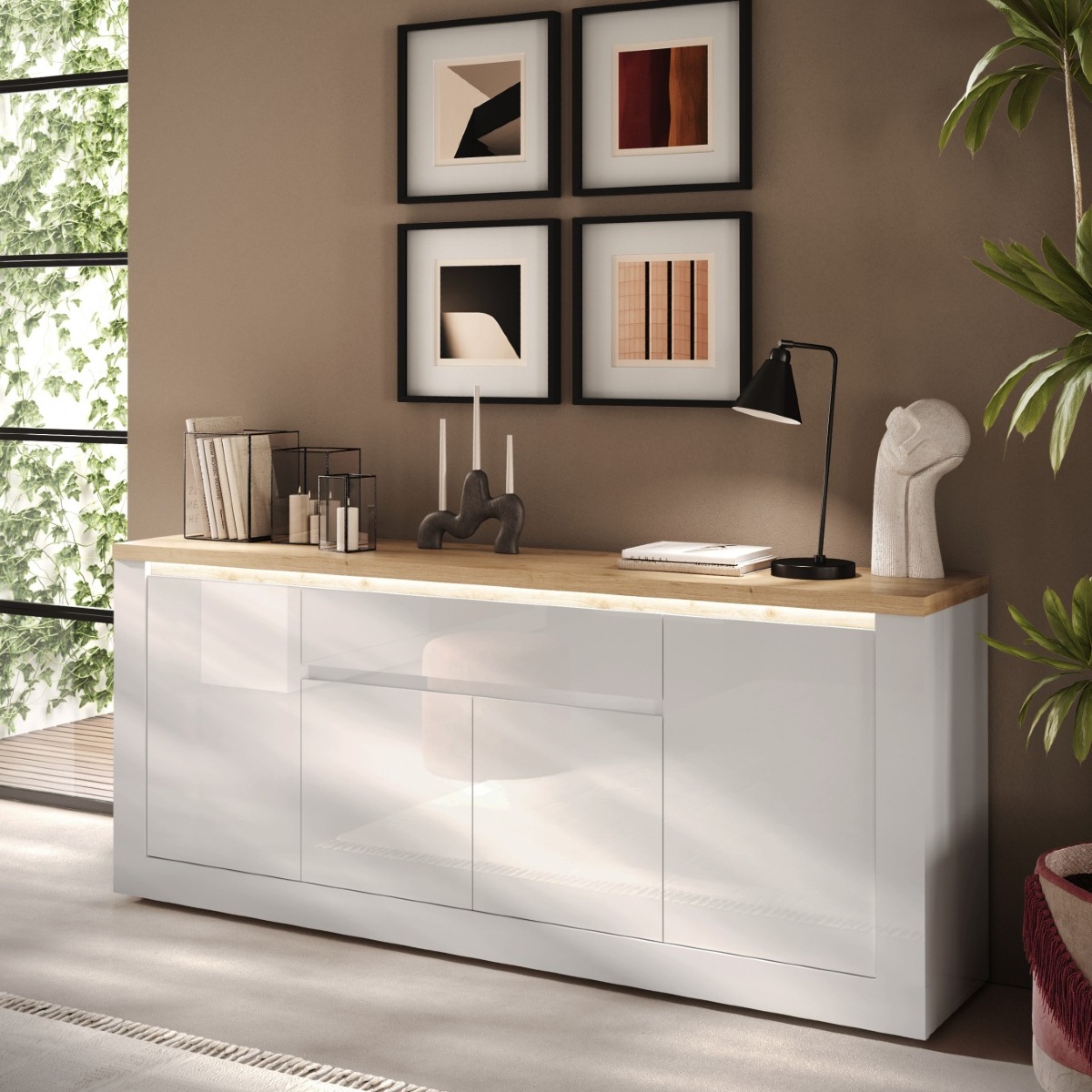 Buffet moderne 4 portes-1tiroir laqué blanc et bois ARIA