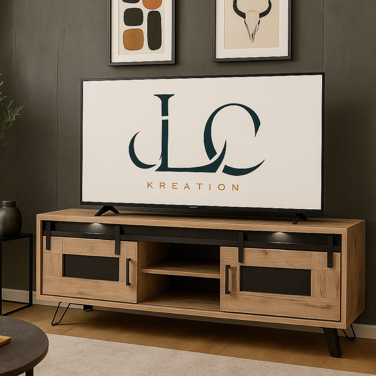 Meuble TV industriel décor chêne + LED 2 portes 180cm COSTA