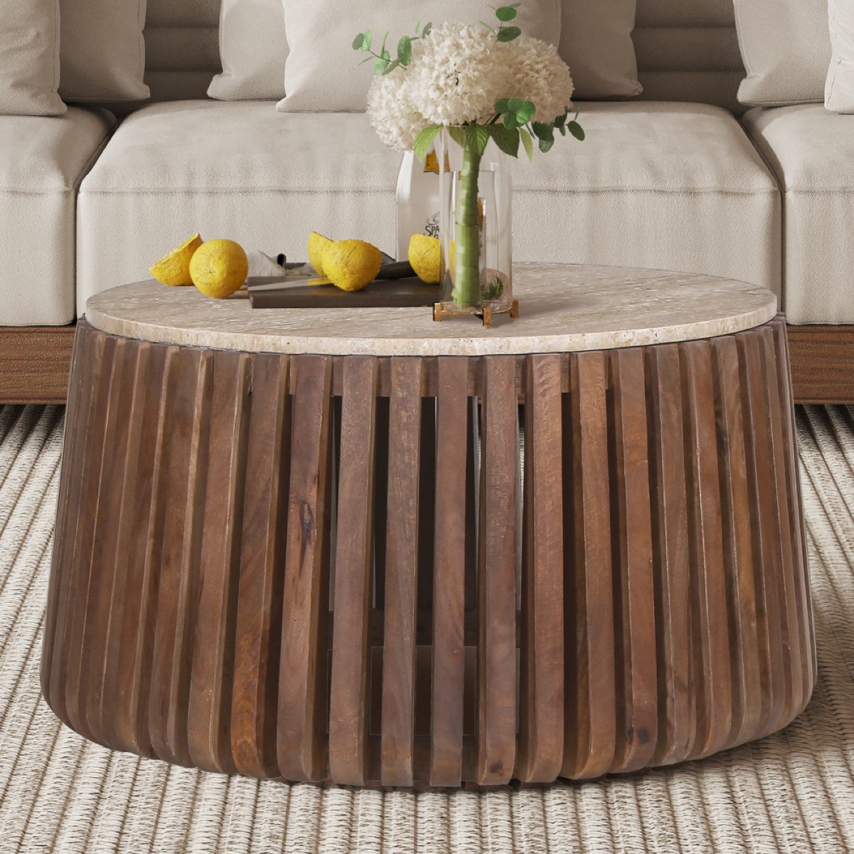 Table basse ronde en bois et plateau en travertin LOIC