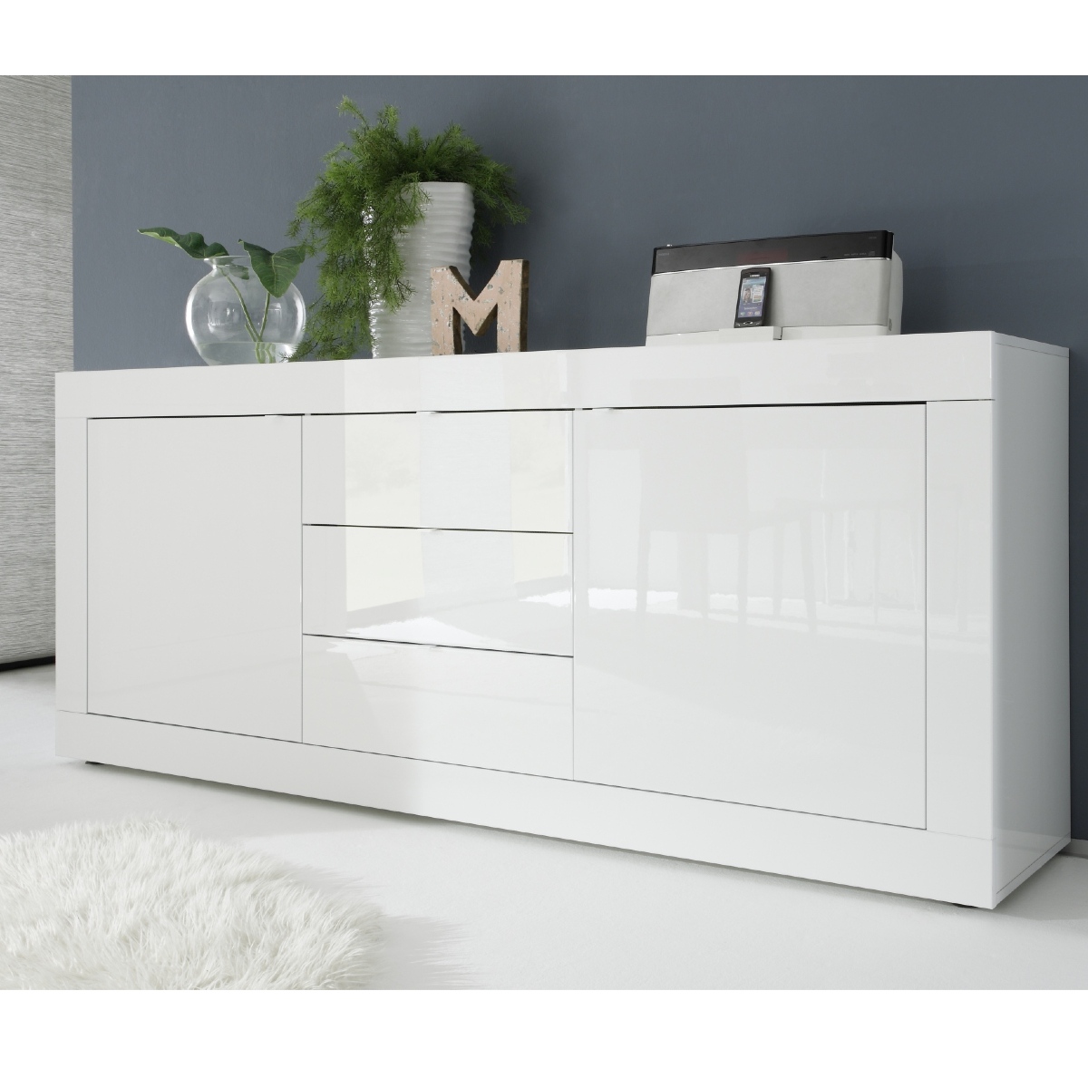 Buffet bas moderne 2 portes - 3 tiroirs blanc laqué CALIA