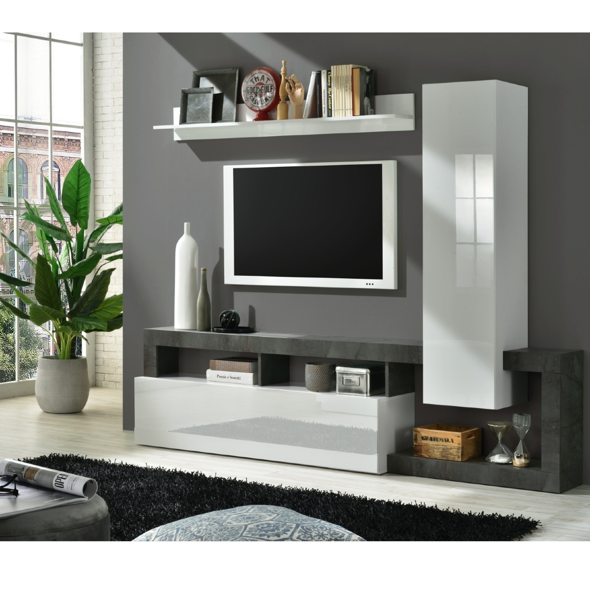 Ensemble tv mural laqué blanc et gris anthracite 220cm GAMA