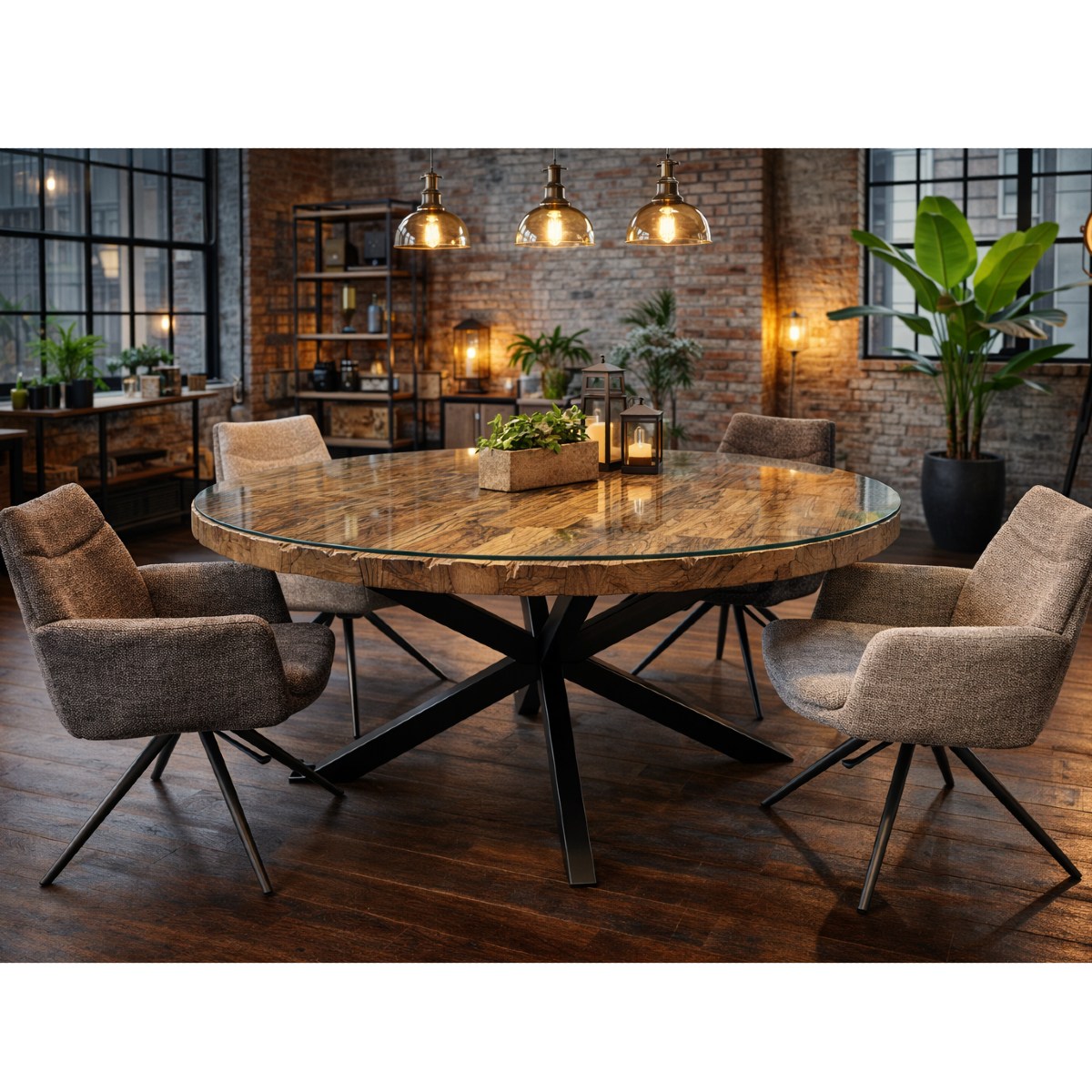 Table à manger ronde en bois et verre 130cm KLASS