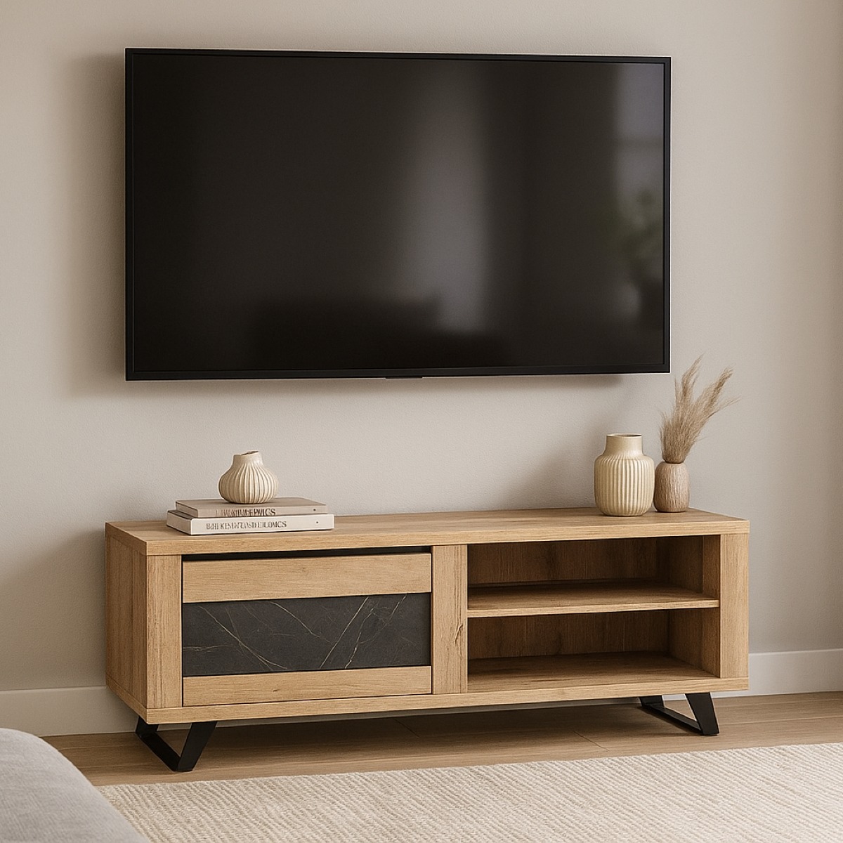 Meuble TV contemporain bois et porte céramique 150cm HORACE