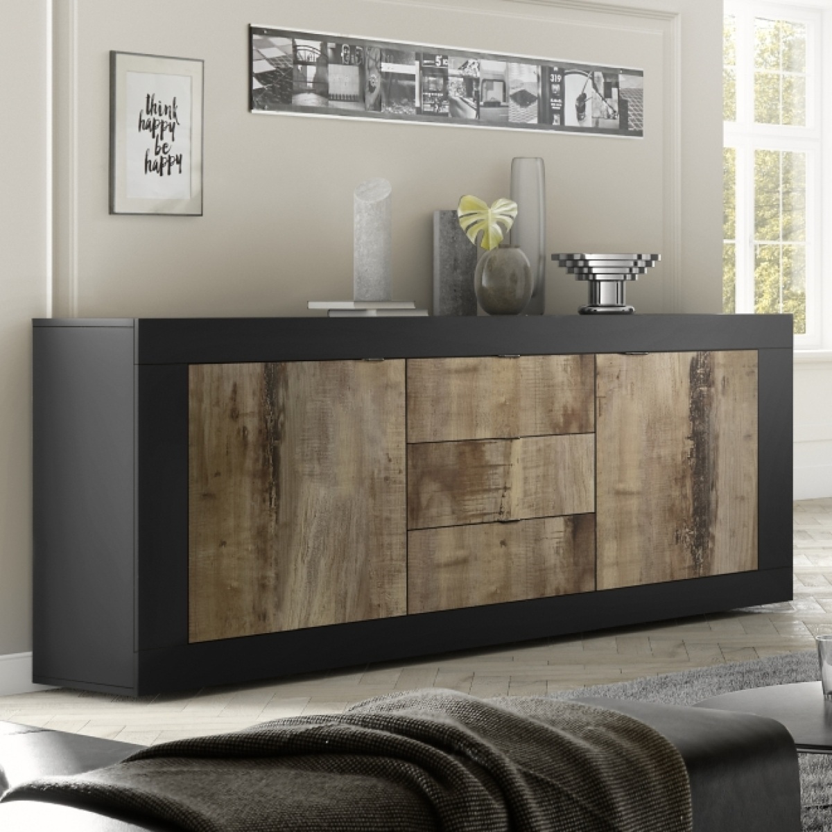 Buffet bas 2 portes - 3 tiroirs noir et bois 210cm CALIA