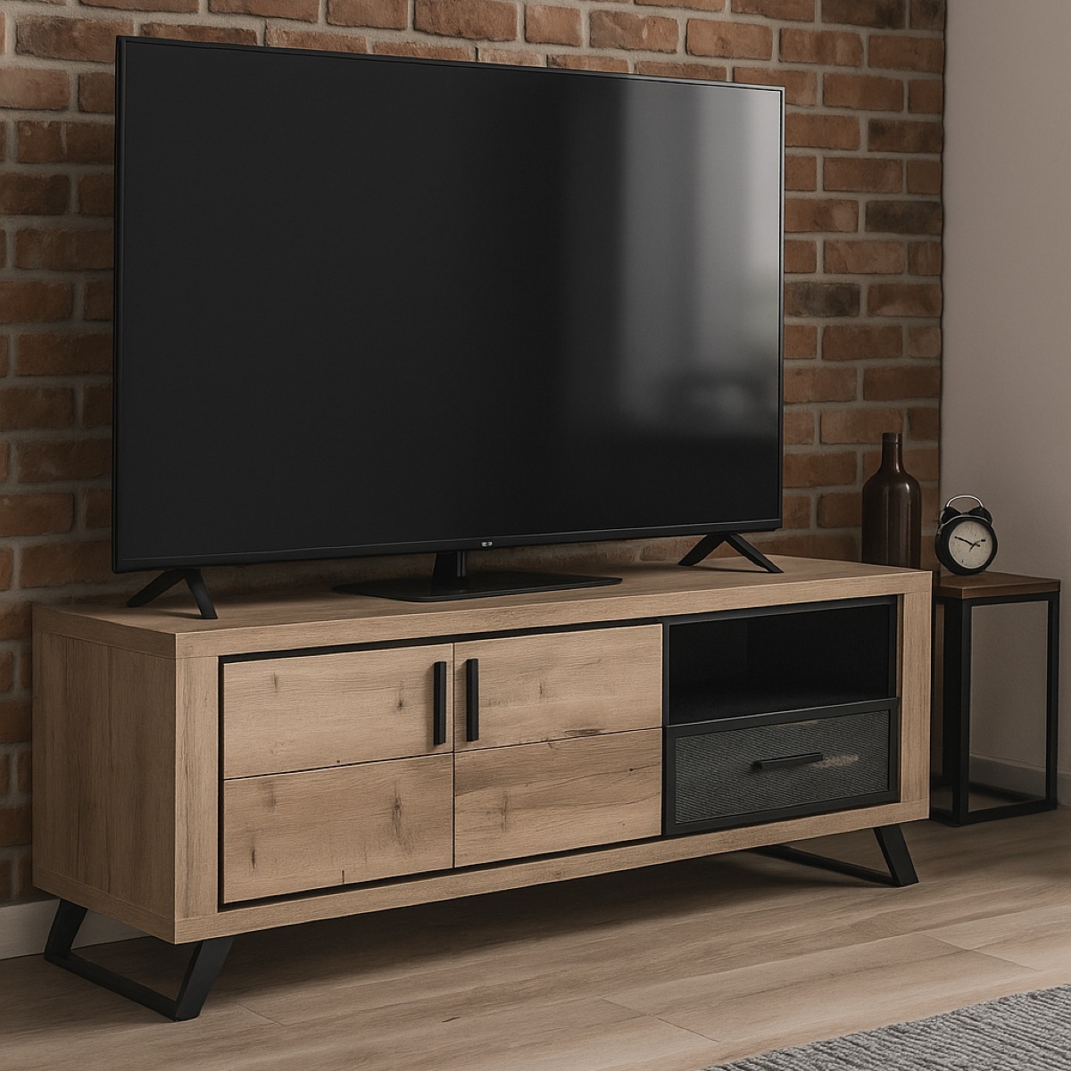 Meuble TV contemporain 2 portes 1 tiroir 180 cm + LED PERO