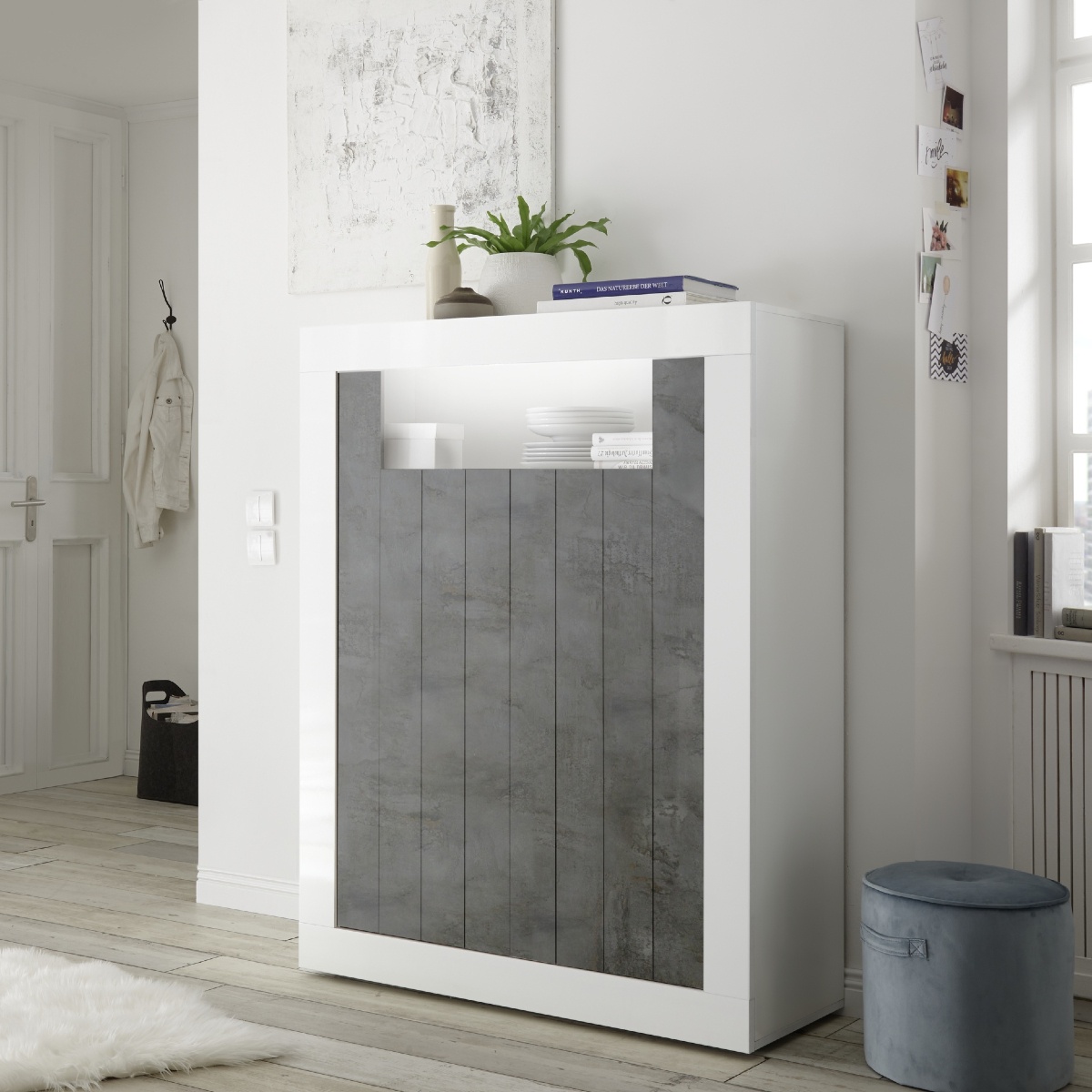 Argentier-bar moderne blanc laqué et gris oxyde 2 portes NIO