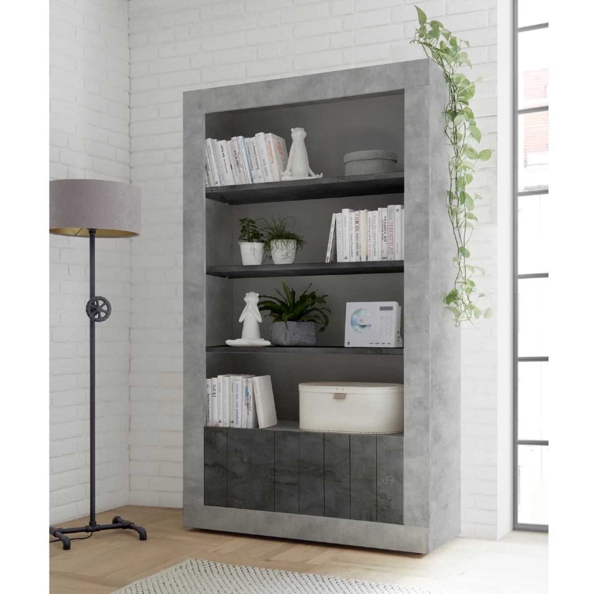 Bibliothéque moderne gris béton et gris oxyde 110cm NIO