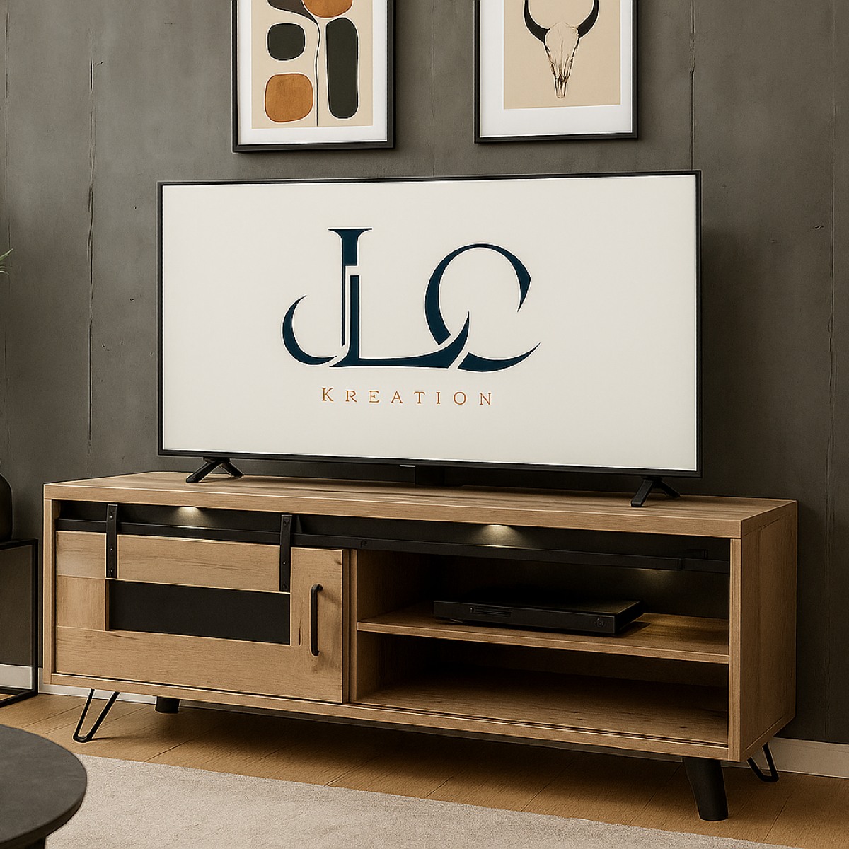Meuble TV industriel décor chêne + LED 1 porte 150cm COSTA