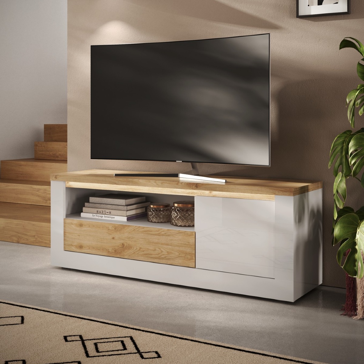 Meuble tv moderne laqué blanc et bois + led 160cm ARIA