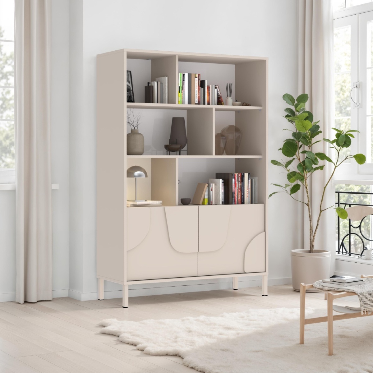 Meuble bibliothèque moderne avec casiers beige EROS