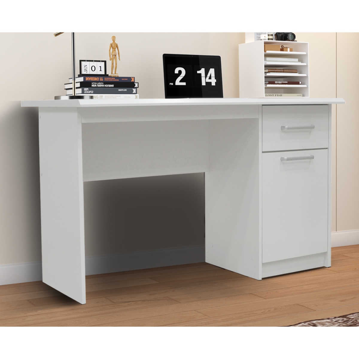 Bureau blanc pas cher avec porte et tiroir intégrés