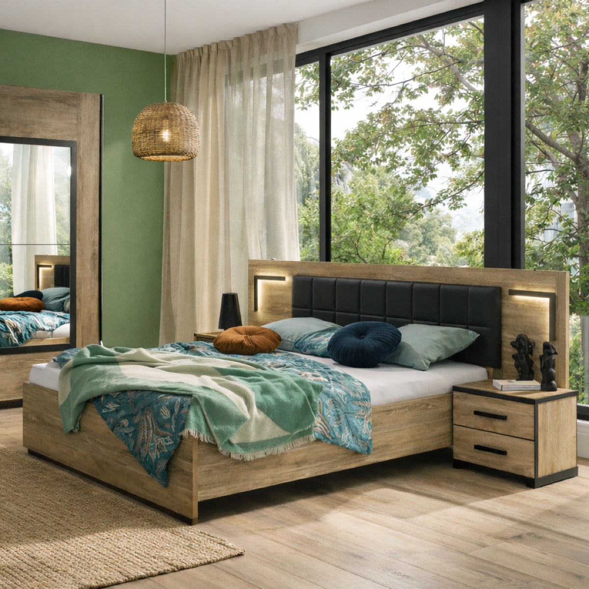 Lit en bois 160x200cm style industriel + chevets PIERRE