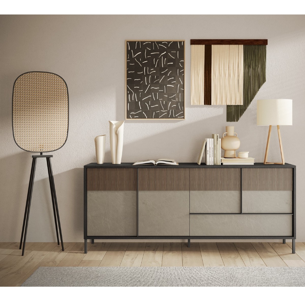 Buffet moderne 4 portes-1tiroir bois et travertin 210cm EZE