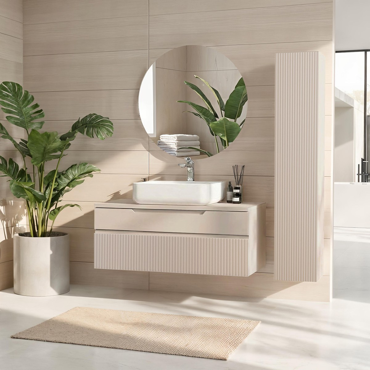 Meuble salle de bain suspendu 100 cm au design moderne.