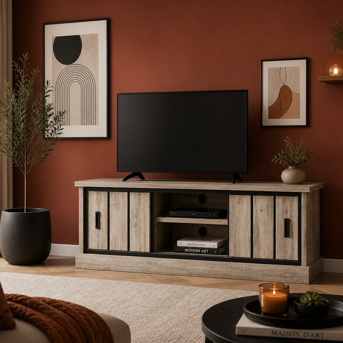 Meuble TV contemporain bois et noir avec rangements pour salon moderne