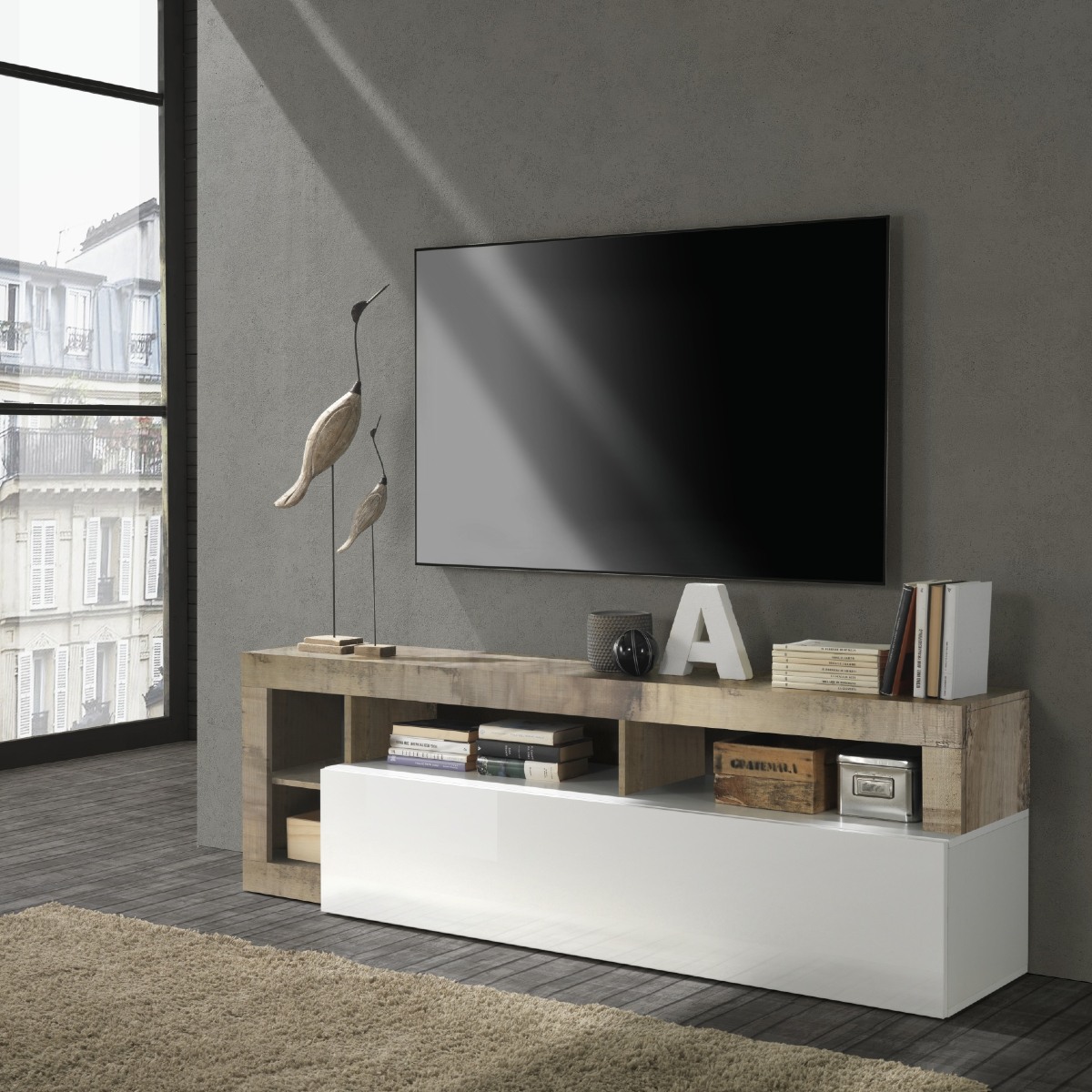 Meuble TV moderne laqué blanc et bois naturel GAMA