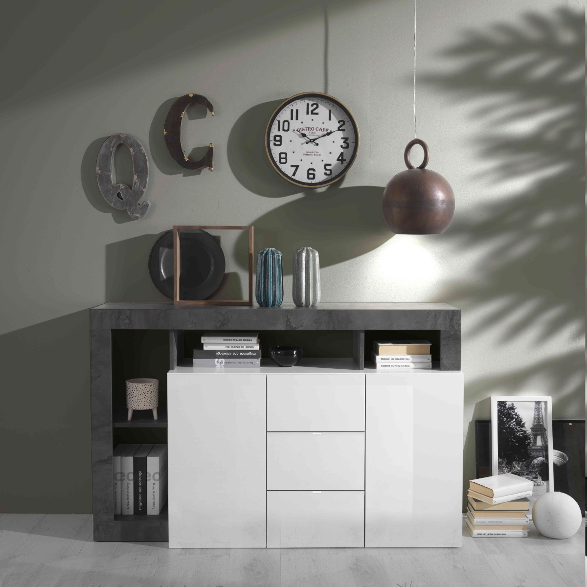 Buffet laqué blanc et gris anthracite 2 portes-3 tiroirs GAMA