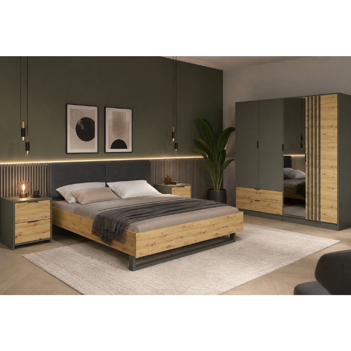 Ensemble chambre adulte contemporain avec armoire miroir et lit 160x200