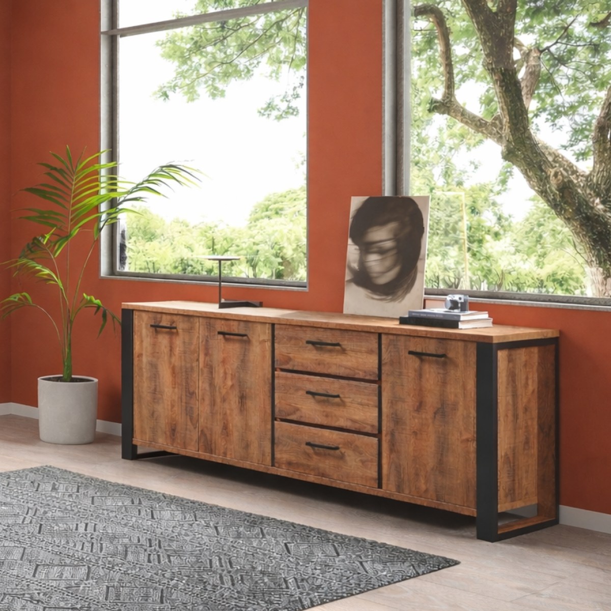 Buffet bas industriel en bois 3 portes et 3 tiroirs MONA