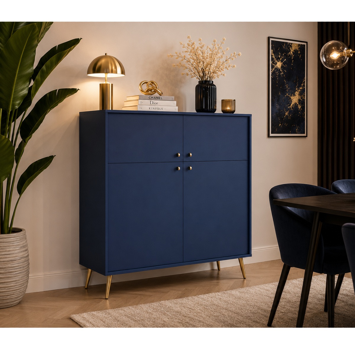 Buffet haut bleu foncé 4 portes avec pieds et poignées dorées