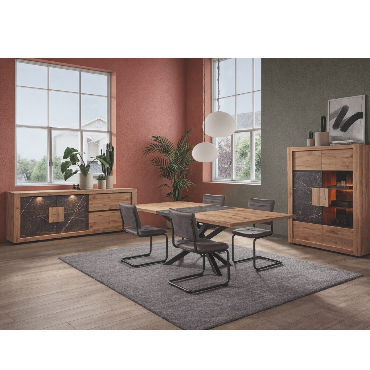 Salle à manger complète avec RACHA (table extensible + buffet LED)