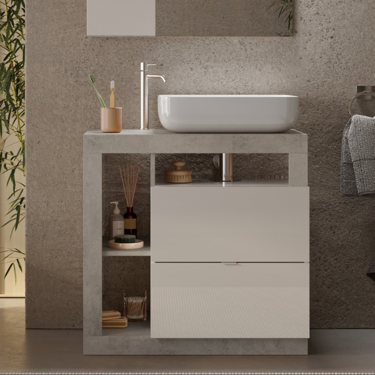 Meuble salle de bain gris béton et blanc + vasque L 80cm GAMA