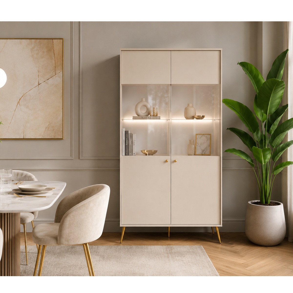 Vitrine moderne beige cachemire avec piètement doré et éclairage intégré
